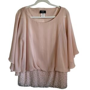 MSK Blouson Top Embellished Hem Band Pearl Rhinestone Angel Sleeves Sz XL Party
